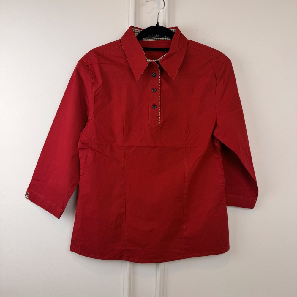 Daks of London Red Cotton House Check Trim 3/4 Sleeve Blouse Top Large